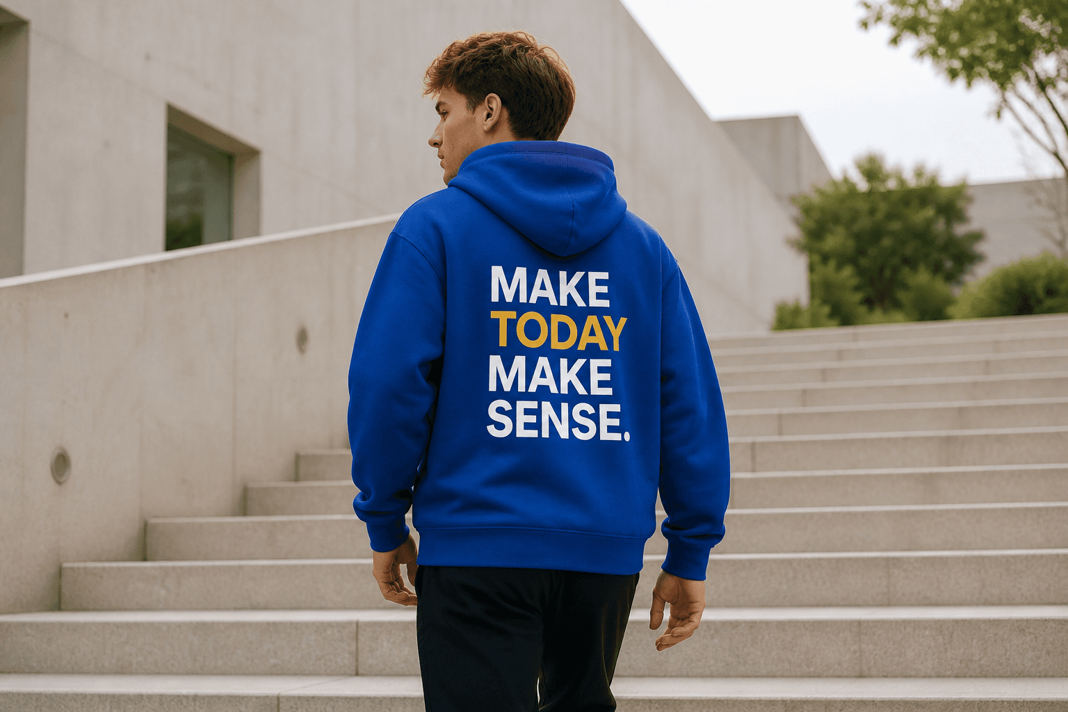 A person wearing the Clarity Make Sense hoodie