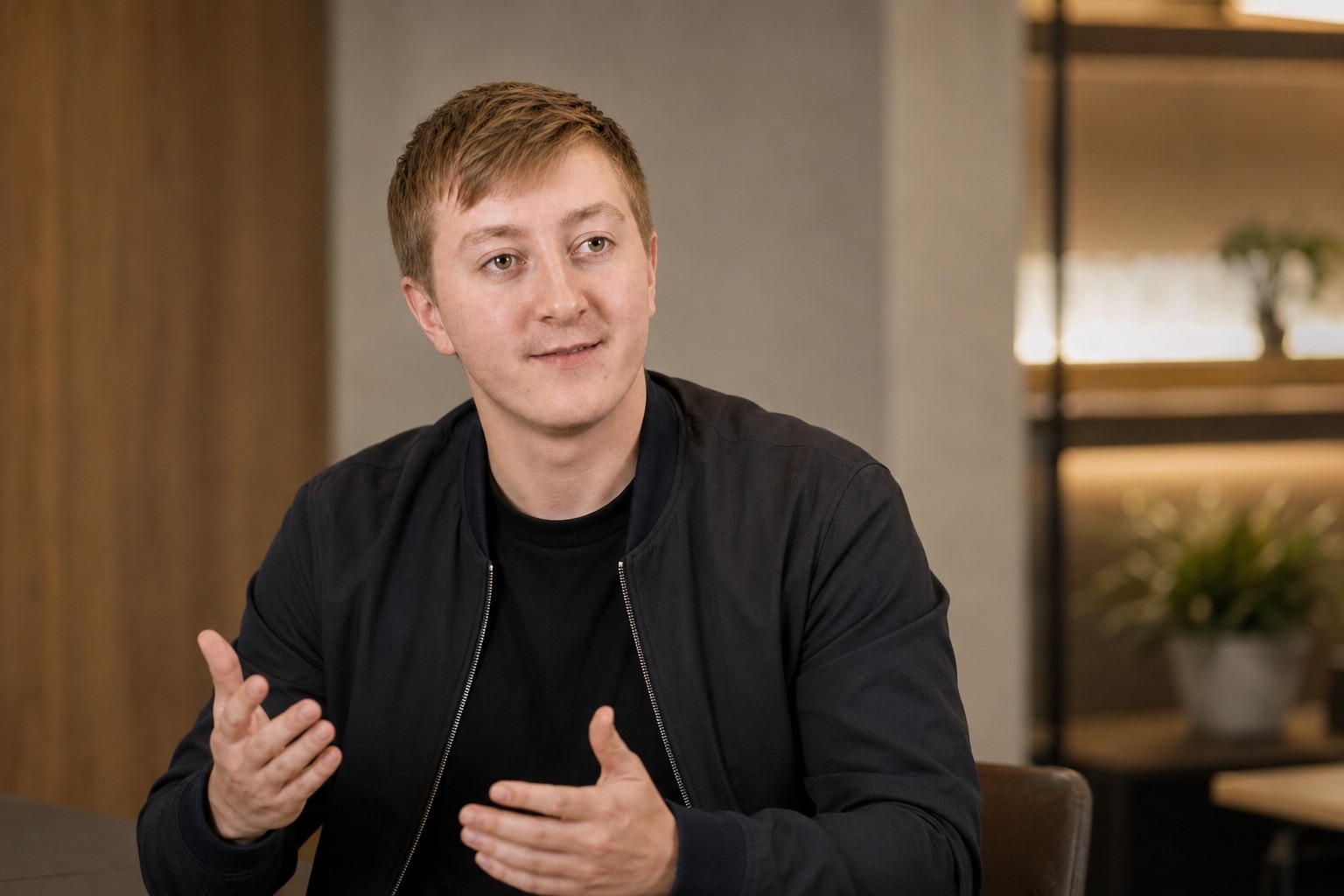Moritz Zinecker speaking in a warm indoor work setting