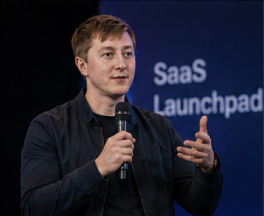 Moritz Zinecker speaking with a handheld microphone at a technology event