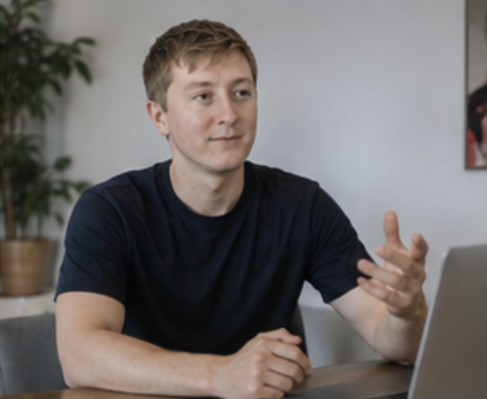 Moritz Zinecker speaking at a table with an open laptop