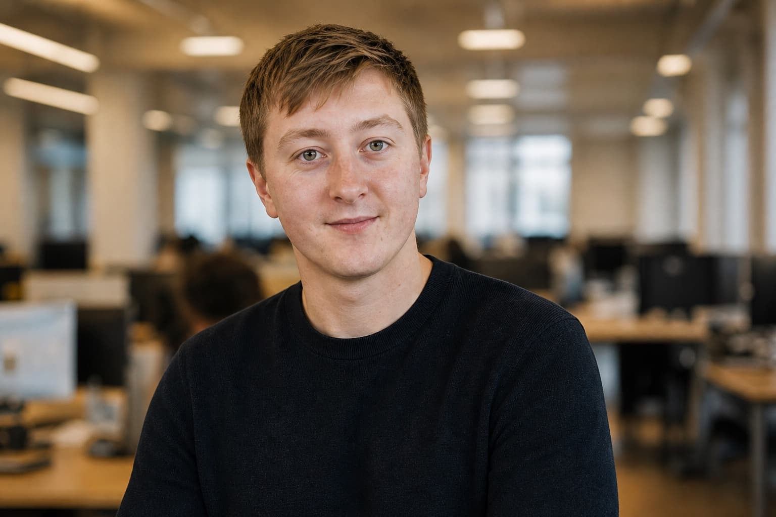 Moritz Zinecker in a dark sweater in an open-office setting