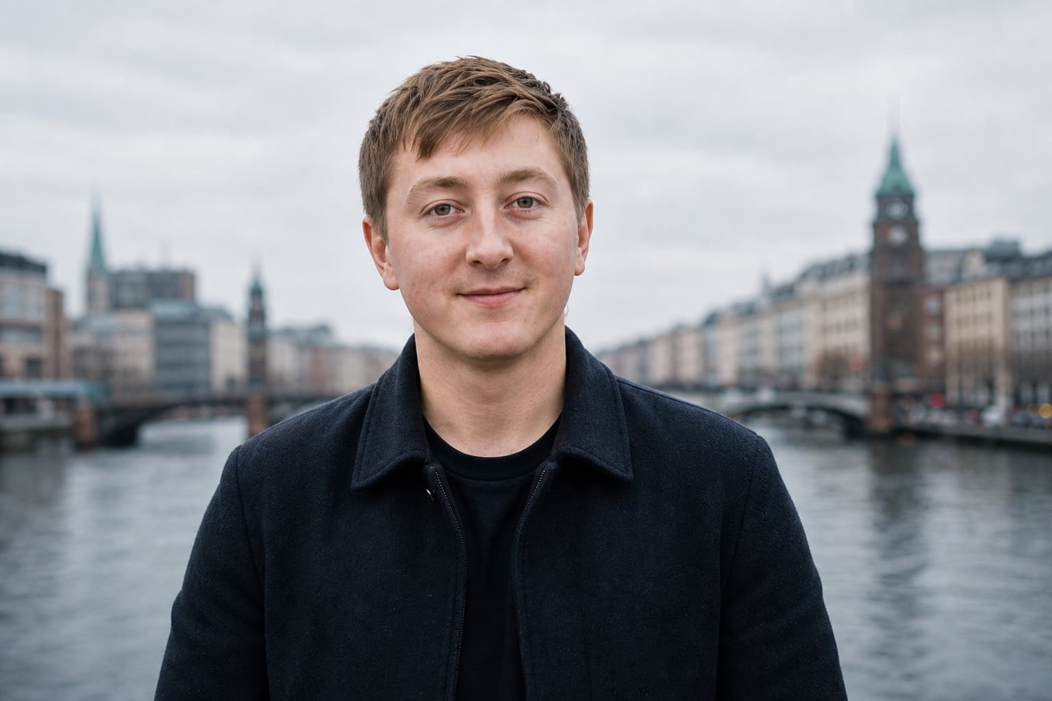 Moritz Zinecker in a dark coat beside an urban waterfront