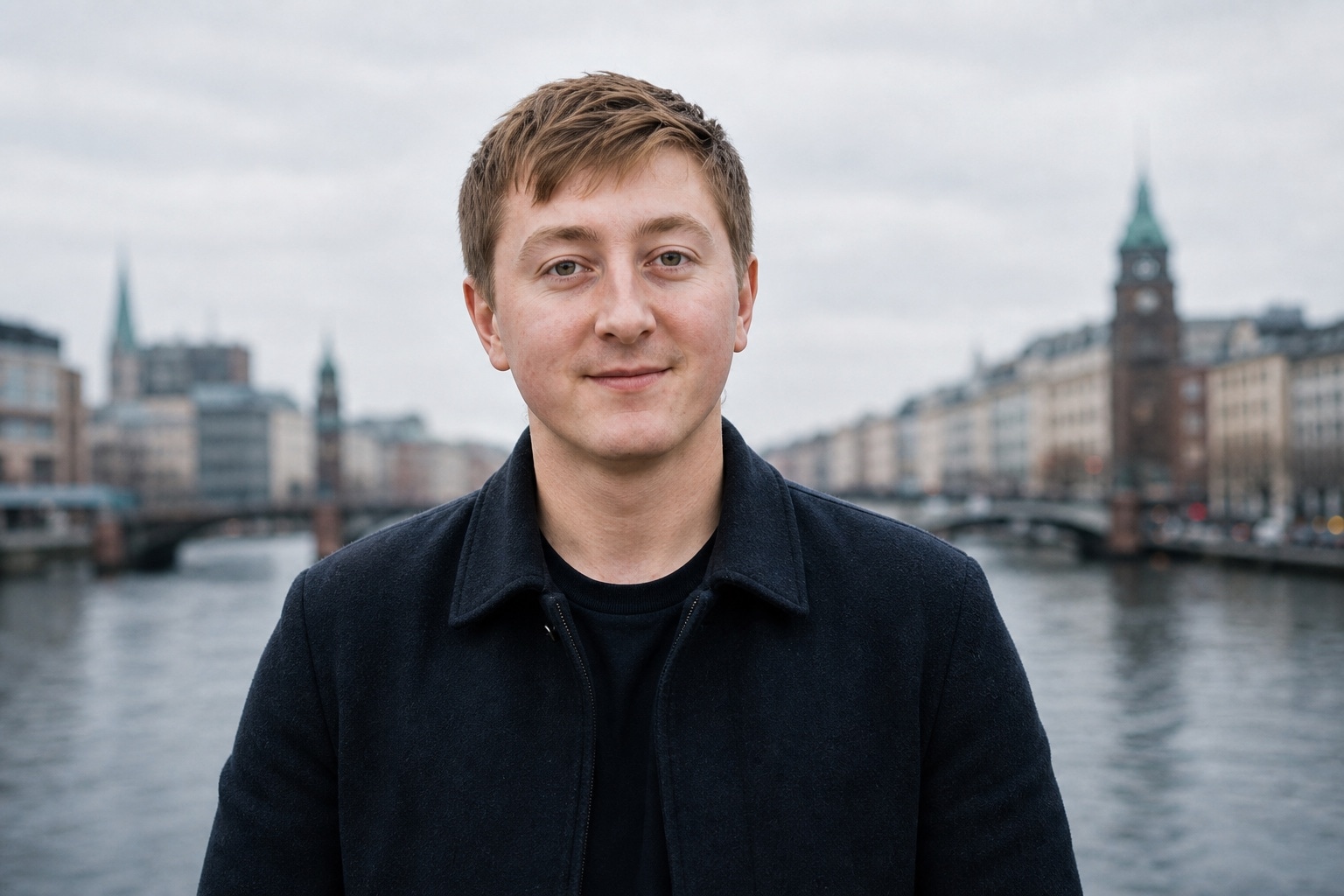 Moritz Zinecker in a dark coat beside an urban waterfront