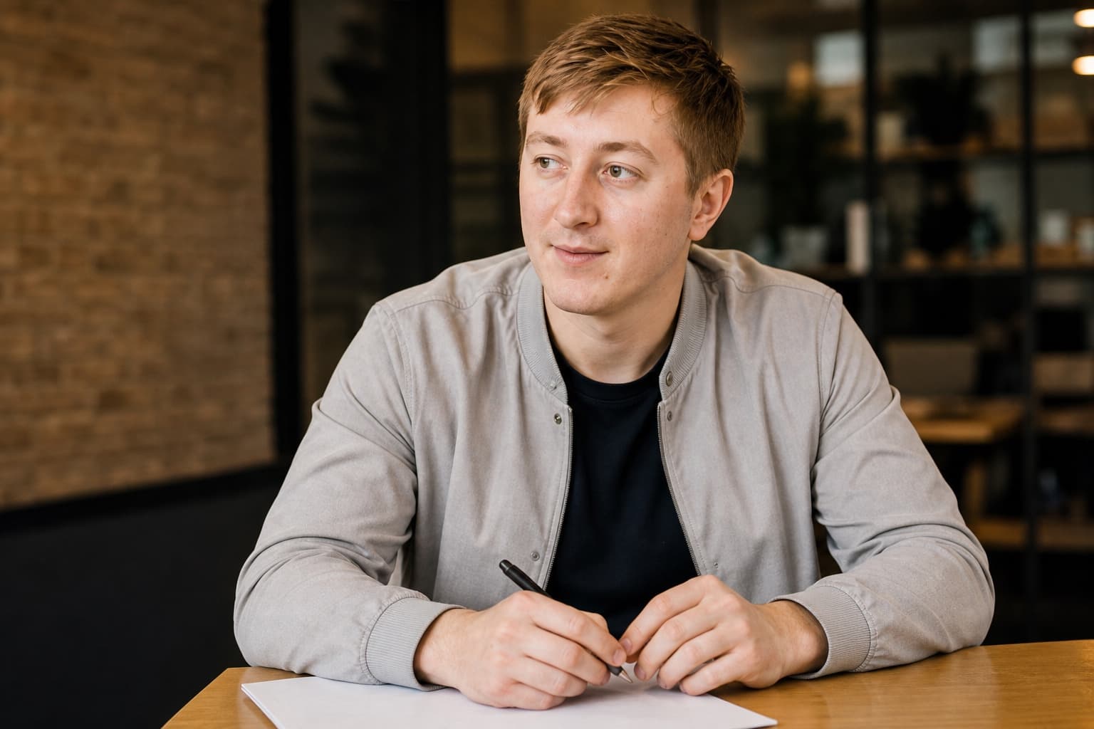 Moritz Zinecker seated at a wooden table with a pen and paper