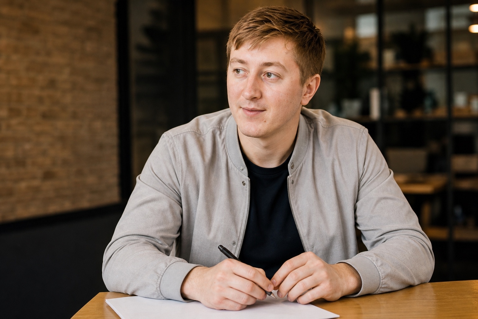 Moritz Zinecker seated at a wooden table with a pen and paper